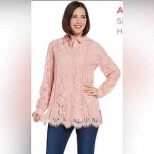 Isaac Mizrahi Live! Rose Blush Pink Lace Button Front Blouse Reg 4 A311373 NEW